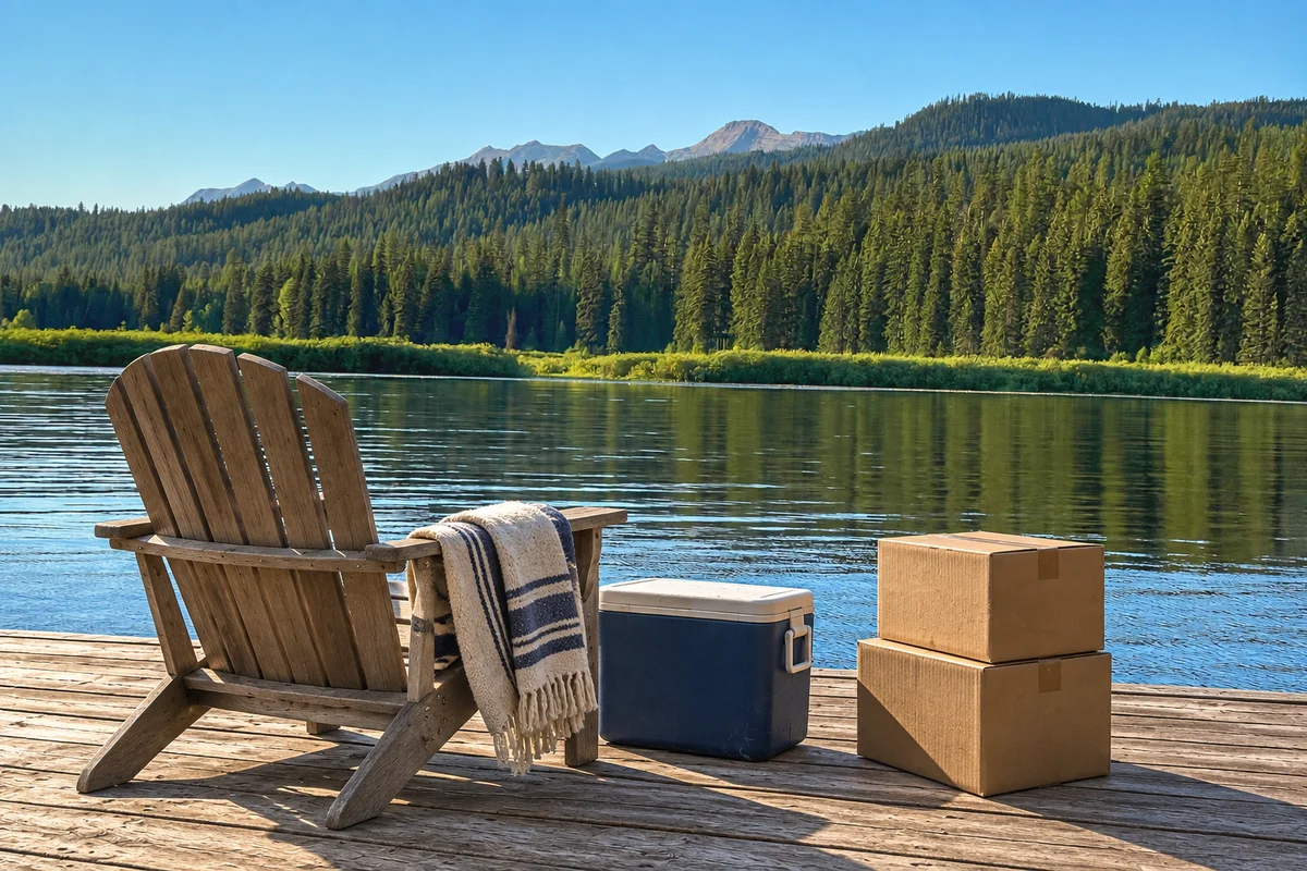 Local lake photograph with an added dock, Adirondack chair, blanket, cooler, and moving boxes.